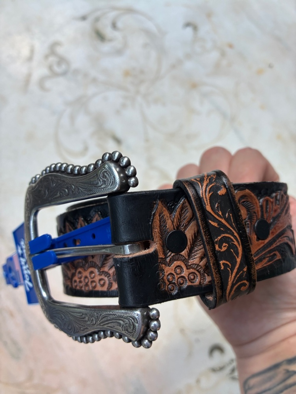 Tony Lama Brown Tooled Leather Western Belt with Decorative Buckle Sz S - Picture 10 of 12